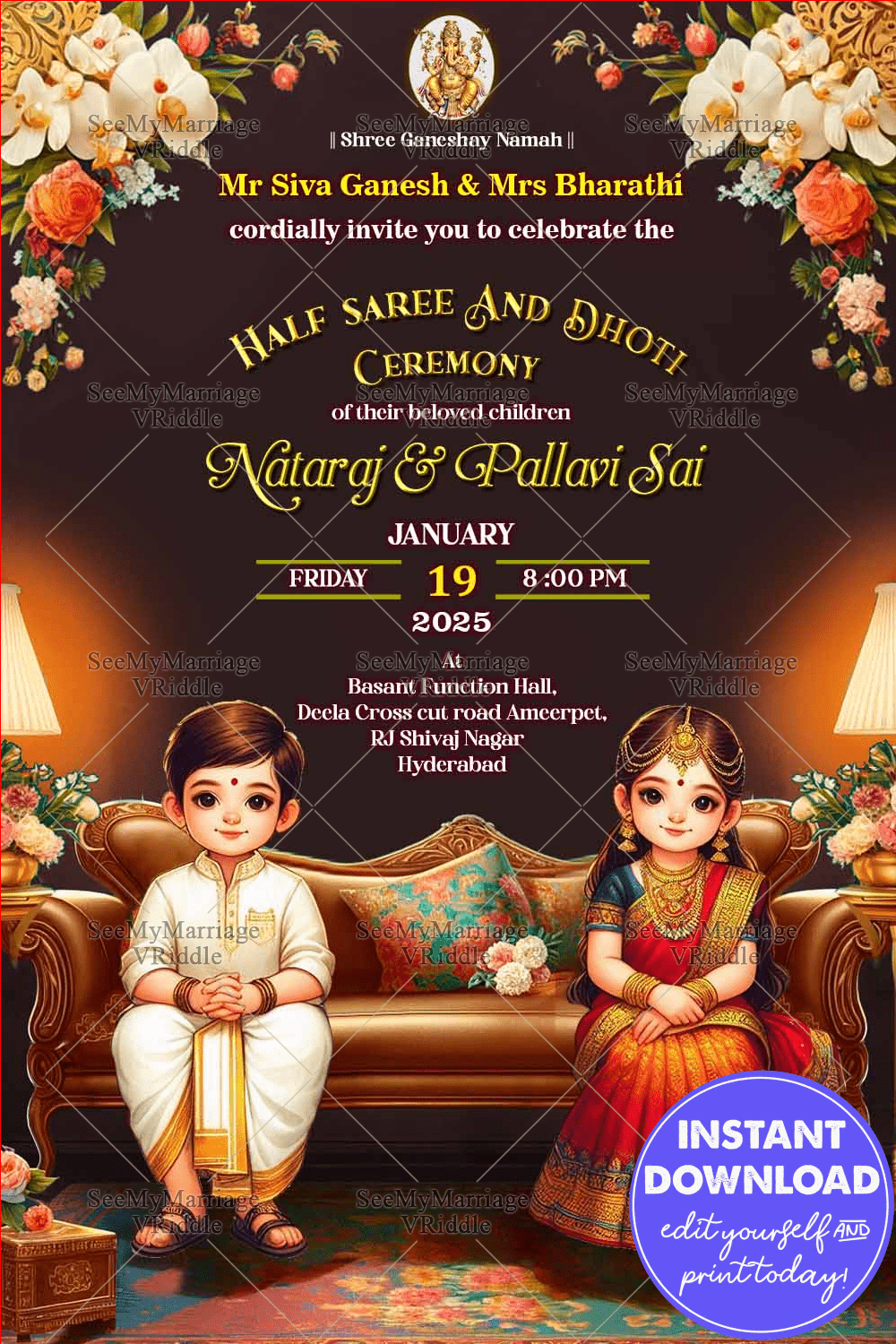 Charming Cartoon Theme Half Saree and Dhoti Ceremony Invitation Card with Floral Accents Background