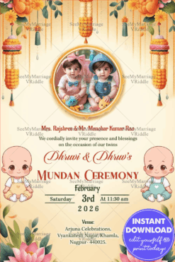 Charming Twins Mundan Ceremony Invitation with Cartoon Baby Illustrations and Add Photo Background