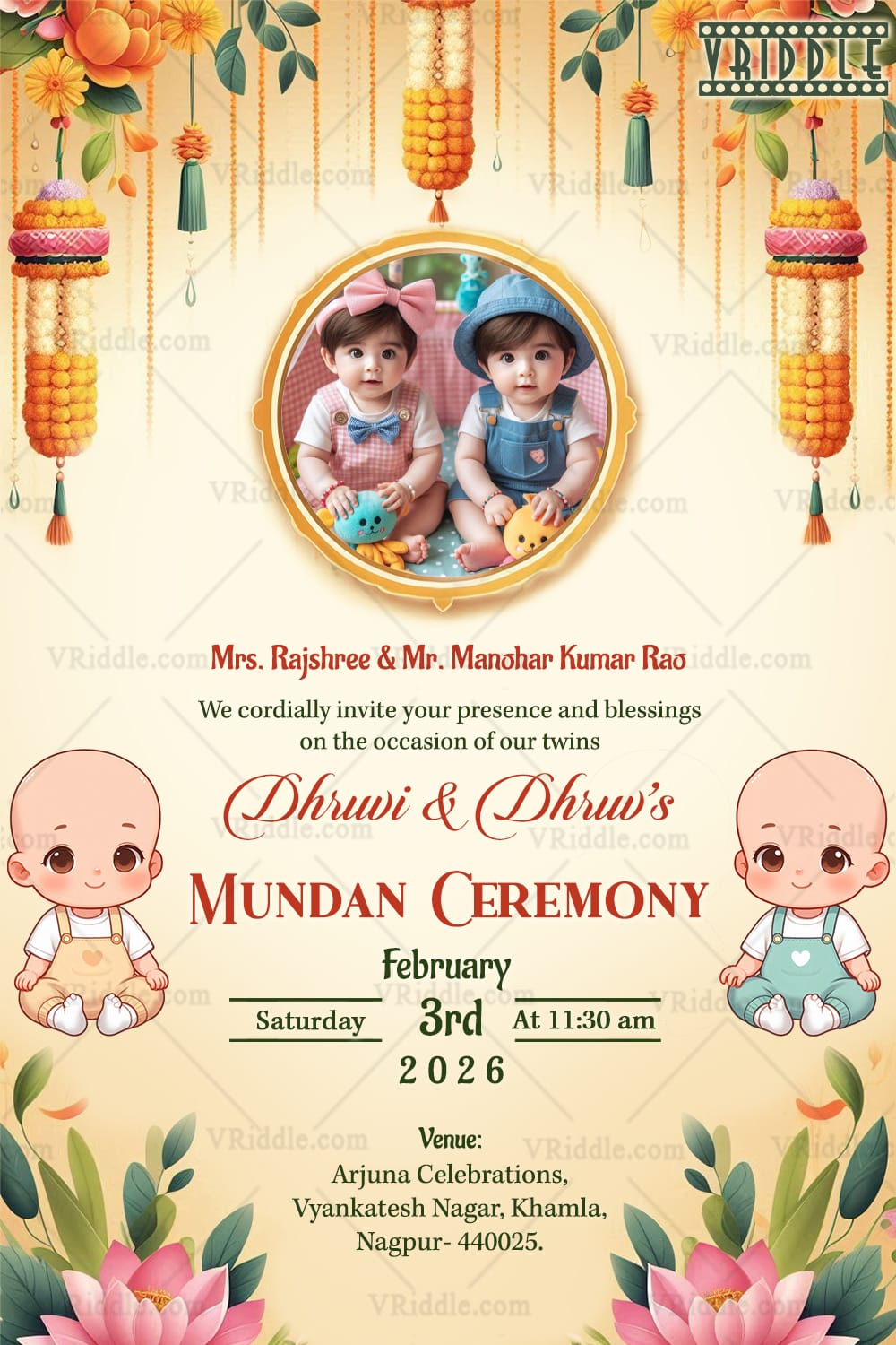 Charming Twins Mundan Ceremony Invitation with Cartoon Baby Illustrations and Add Photo Background