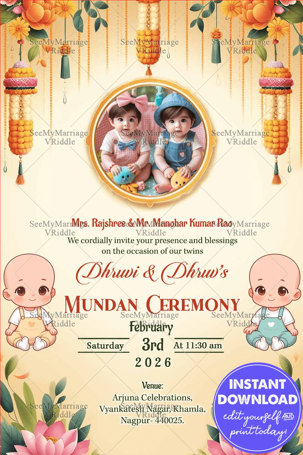 Charming Twins Mundan Ceremony Invitation with Cartoon Baby Illustrations and Add Photo Background