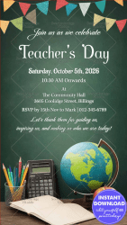 Colorful Bunting Teachers Day Invitation Card with School Supplies and Globe