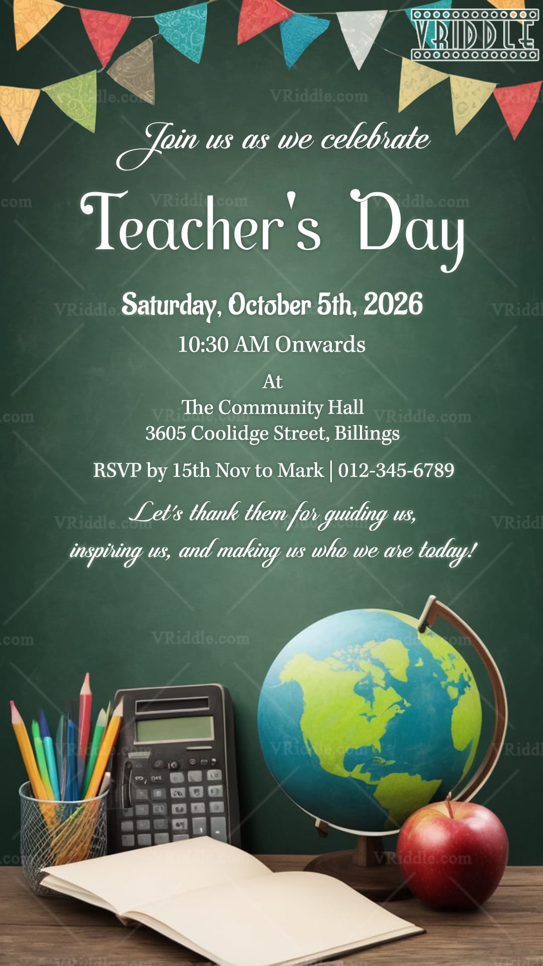 Colorful Bunting Teachers Day Invitation Card with School Supplies and Globe