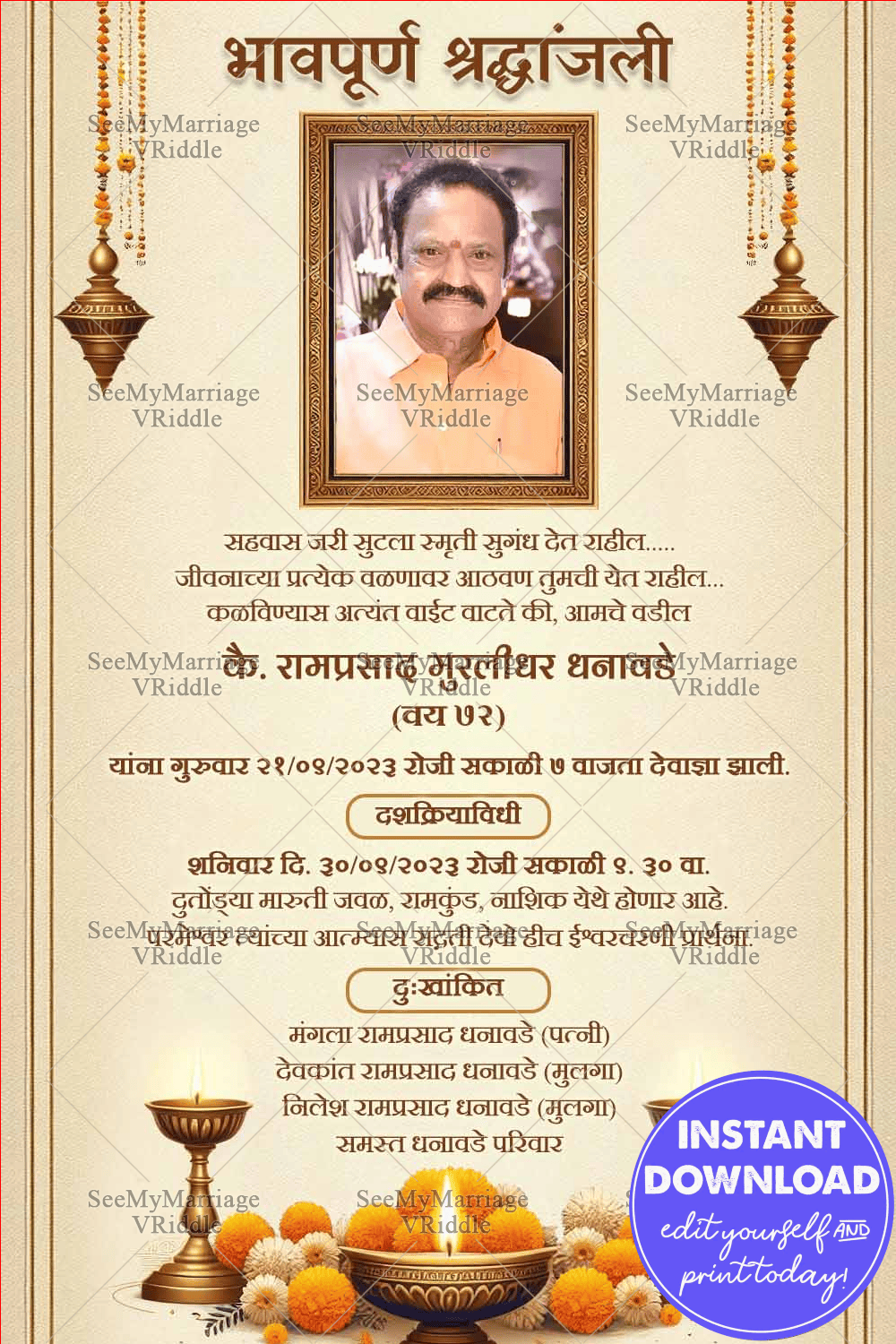 Cream Theme Marathi Shraddhanjali Invitation Card with Floral Elements and Add Photo Background