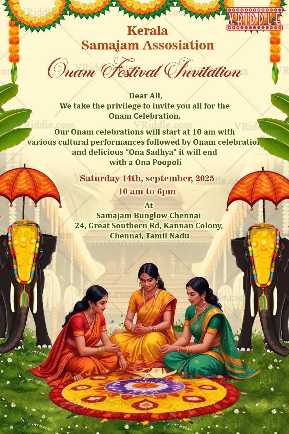 Cultural Onam Festival Invitation Card with Traditional Kerala Elements