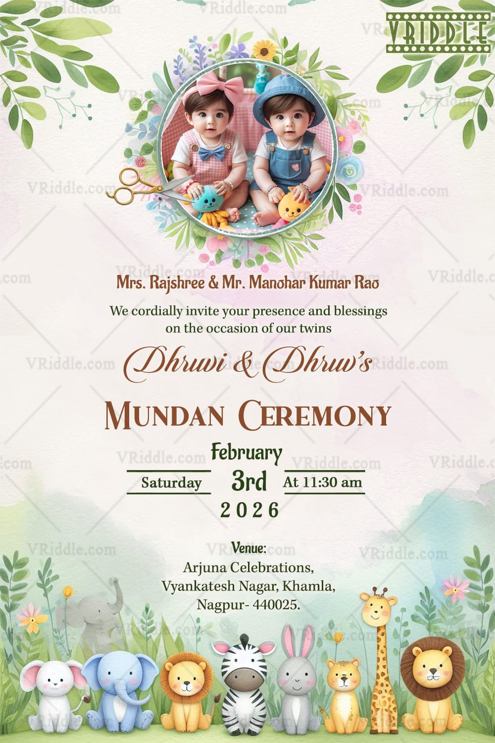 Cute Twins Mundan Ceremony Invitation with Playful Cartoon Animals and Add Photo Background