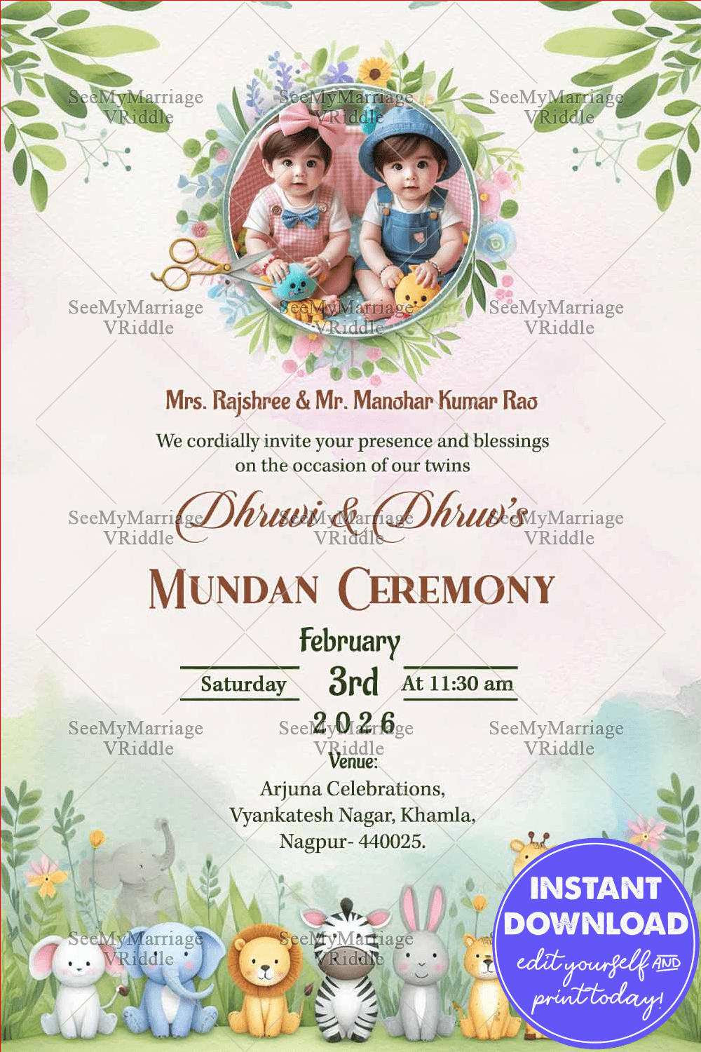 Cute Twins Mundan Ceremony Invitation with Playful Cartoon Animals and Add Photo Background