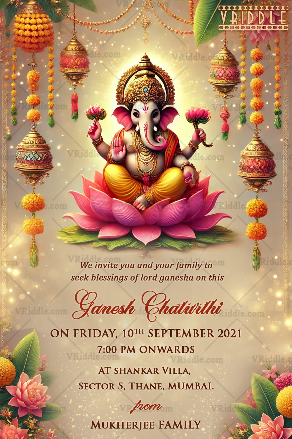 Divine Ganesh Chaturthi Invitation Card with Lord Ganesha Illustration and Floral Decor