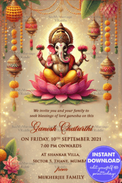 Divine Ganesh Chaturthi Invitation Card with Lord Ganesha Illustration and Floral Decor
