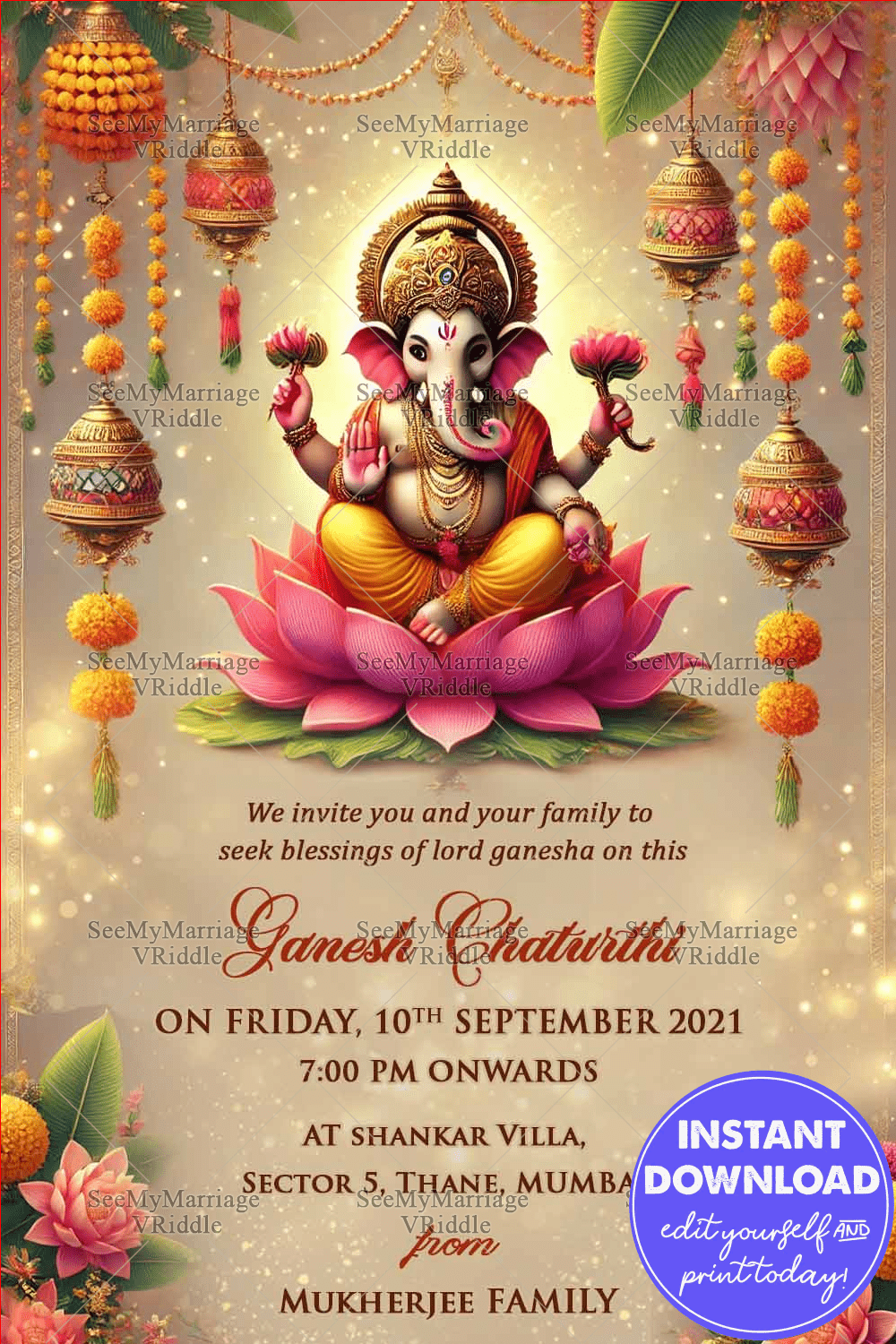 Divine Ganesh Chaturthi Invitation Card with Lord Ganesha Illustration and Floral Decor