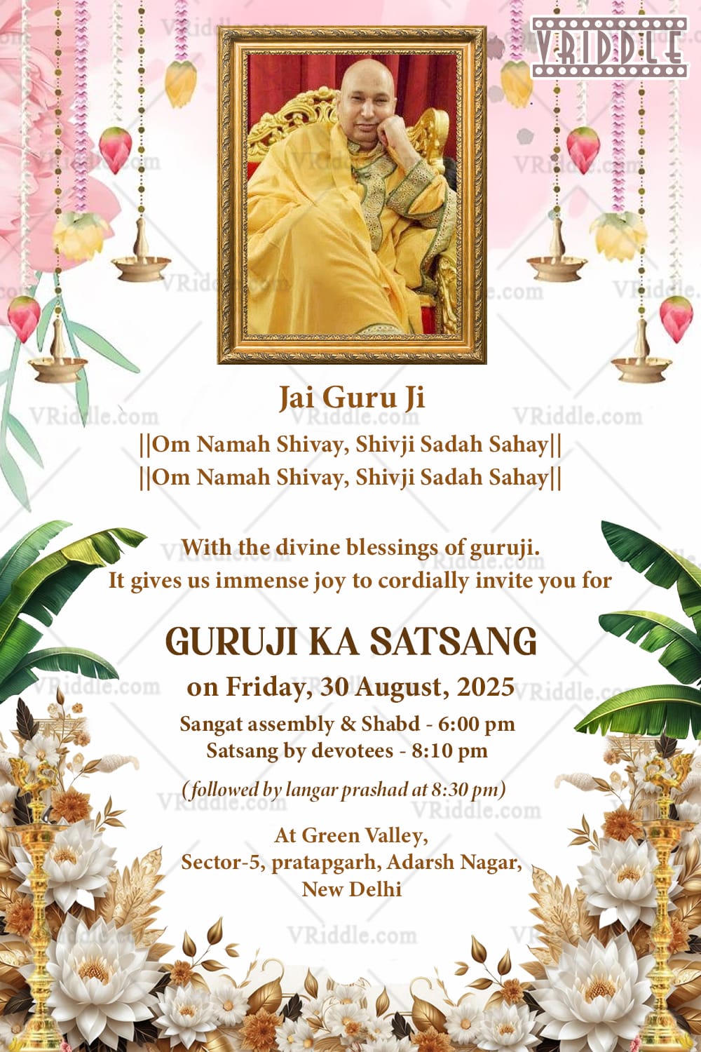 Divine Guruji Satsang Invitation Card with Lotus Flowers Theme and Add photo Background
