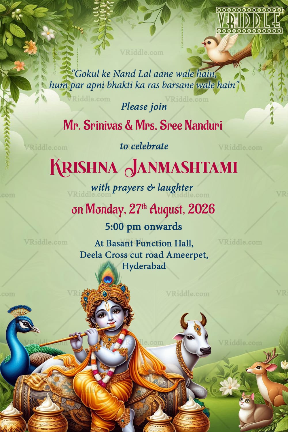 Divine Krishna Janmashtami Invitation Card with Krishna Illustration and Nature Theme Background
