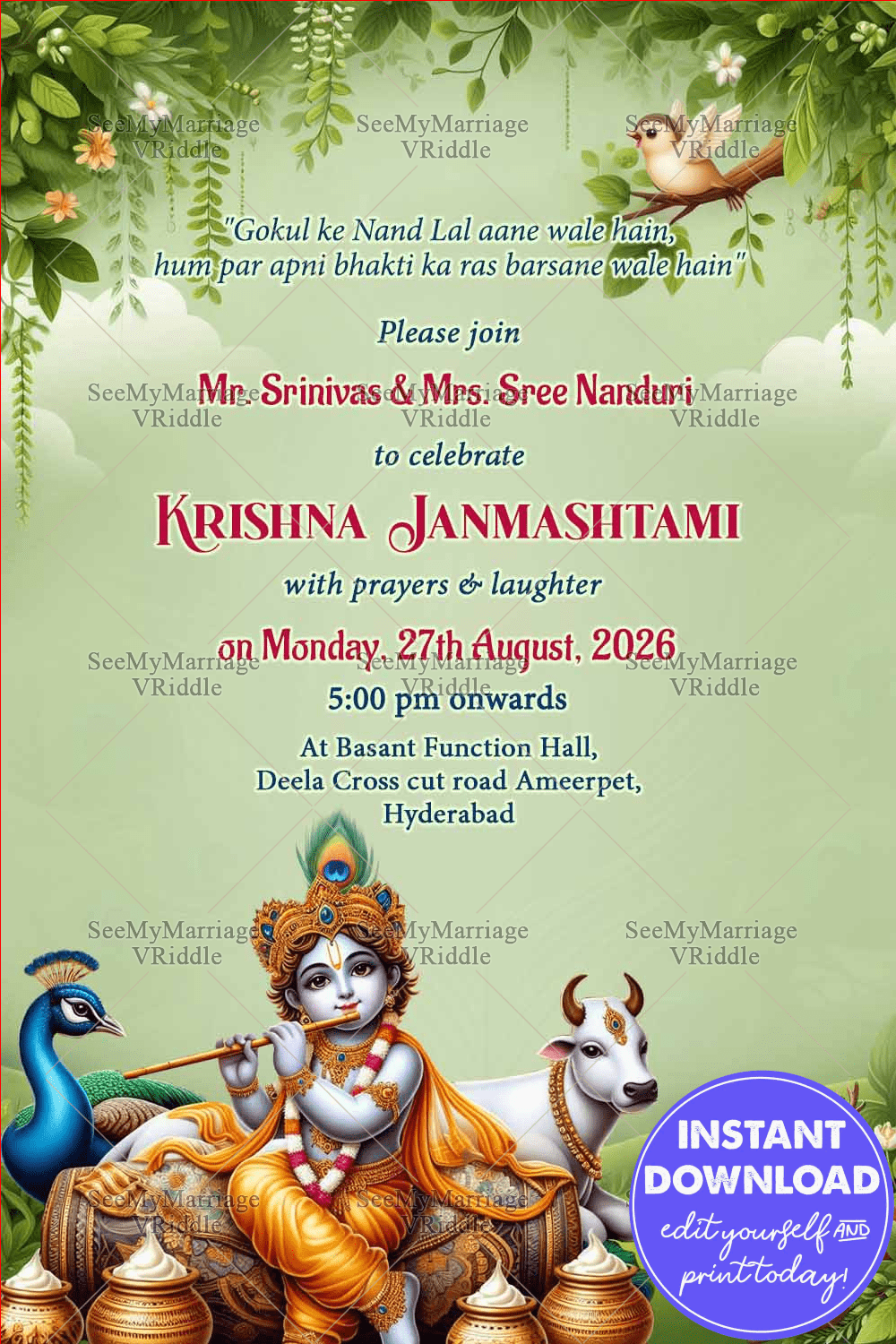 Divine Krishna Janmashtami Invitation Card with Krishna Illustration and Nature Theme Background