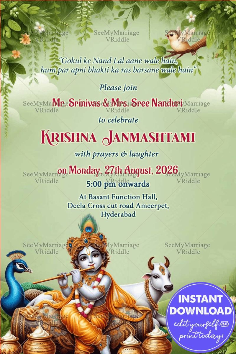 Divine Krishna Janmashtami Invitation Card with Krishna Illustration ...