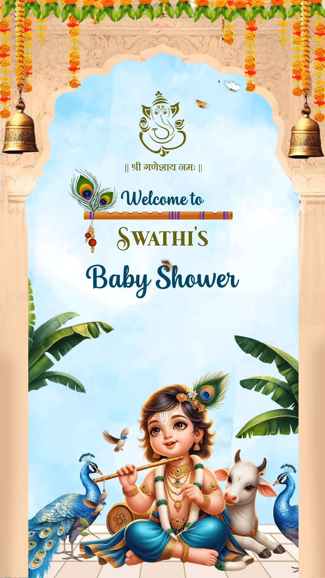 Divine Krishna-Themed Baby Shower Invitation Video with Traditional Decor and Blue Color Background