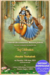 Divine Radha-Krishna Swing Theme Teej Celebration Invitation Card with Green Color Background