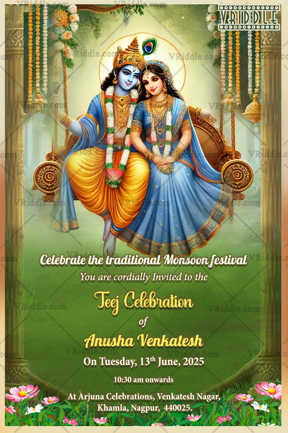 Divine Radha-Krishna Swing Theme Teej Celebration Invitation Card with Green Color Background
