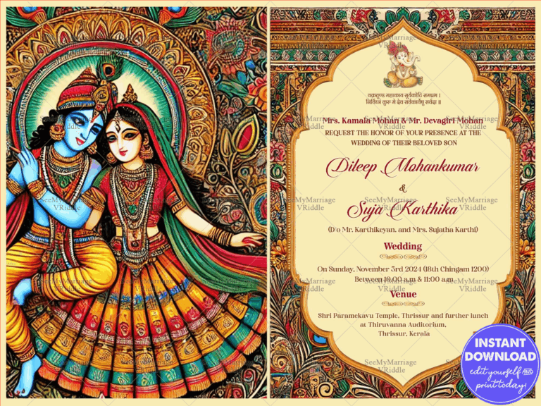 Divine Radha Krishna Theme Kalamkari Wedding Invitation Card with Traditional Artistic Design
