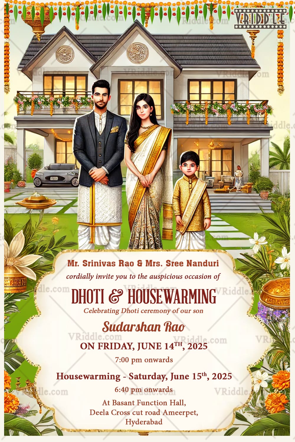 Family Themed Dhoti and Housewarming Ceremony Invitation Card with Floral Decor Background