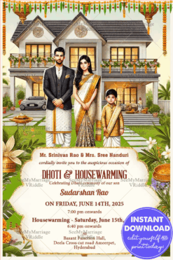 Family Themed Dhoti and Housewarming Ceremony Invitation Card with Floral Decor Background