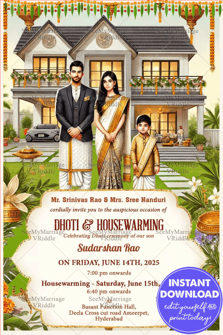 Family Themed Dhoti and Housewarming Ceremony Invitation Card with Floral Decor Background