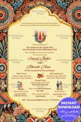 Floral Kalamkari Wedding Invitation Card with Traditional Indian Motifs and Golden Frame