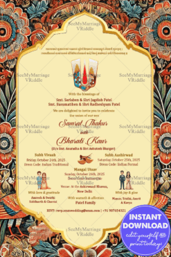 Floral Kalamkari Wedding Invitation Card with Traditional Indian Motifs and Golden Frame
