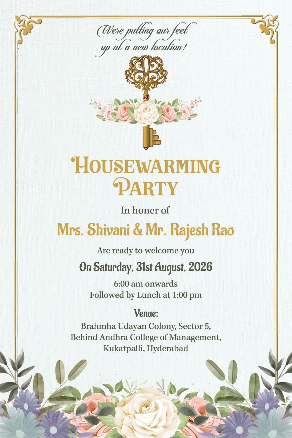 Floral Key Housewarming Invitation Card with Gold Accents and Pastel Theme