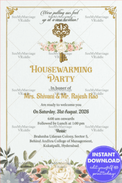 Floral Key Housewarming Invitation Card with Gold Accents and Pastel Theme