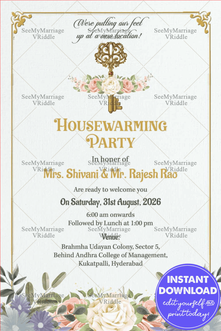 Floral Key Housewarming Invitation Card with Gold Accents and Pastel Theme