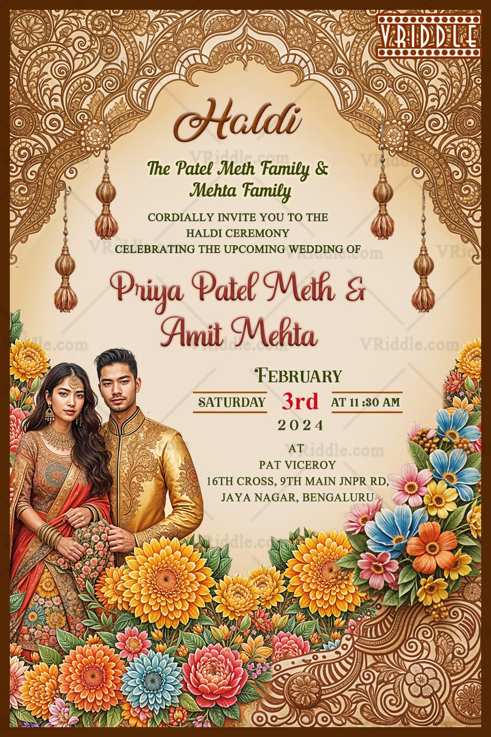 Floral Theme Haldi Ceremony Invitation Card with Graceful Couple Illustration and Golden patterns Background
