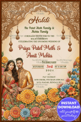 Floral Theme Haldi Ceremony Invitation Card with Graceful Couple Illustration and Golden patterns Background