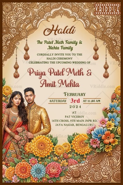 Floral Theme Haldi Ceremony Invitation Card with Graceful Couple ...