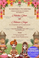 Floral Theme Kashmiri Wedding Invitation Card with Traditional Couple Illustration Background