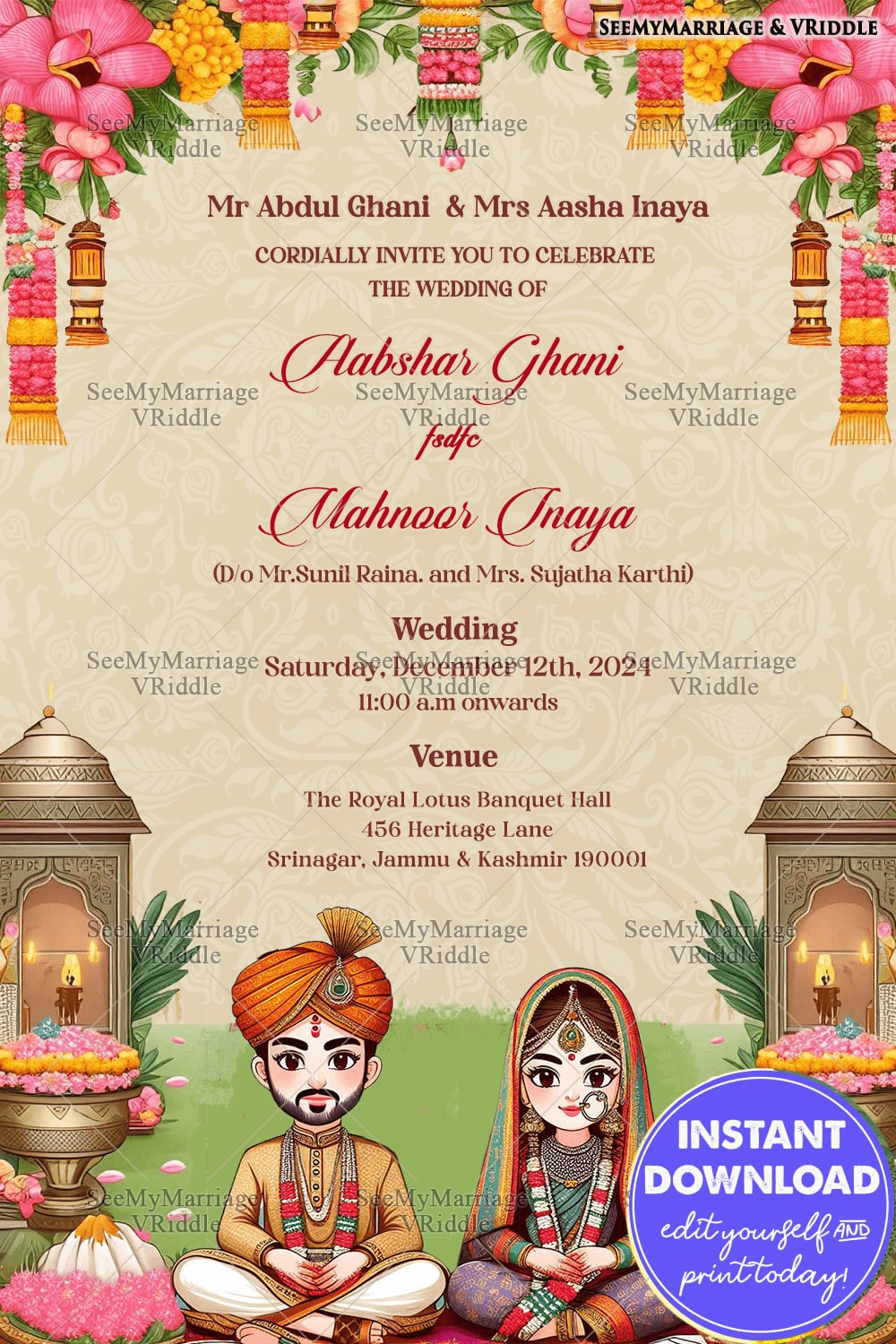 Floral Theme Kashmiri Wedding Invitation Card with Traditional Couple ...