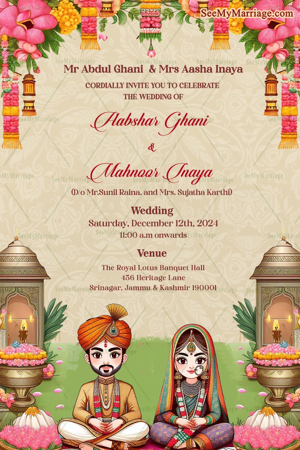 Floral Theme Kashmiri Wedding Invitation Card with Traditional Couple Illustration Background