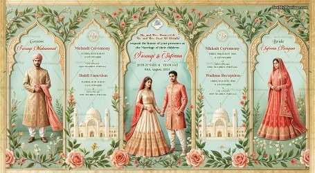 Floral Themed Nikkah Ceremony Invitation Card with Four-Panel Design and Pastel Color BackgroundFour-Panel Design