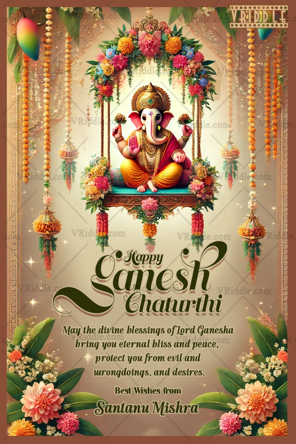 Ganesh Chaturthi Greeting Card with Floral Arch and Heartfelt Devotional Wishes