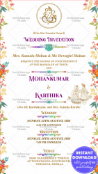 Ganesha Themed Wedding Invitation Card with Floral Borders and White Color Background