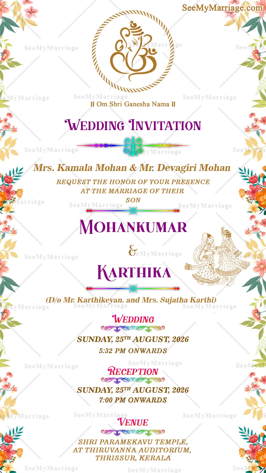 Ganesha Themed Wedding Invitation Card with Floral Borders and White Color Background