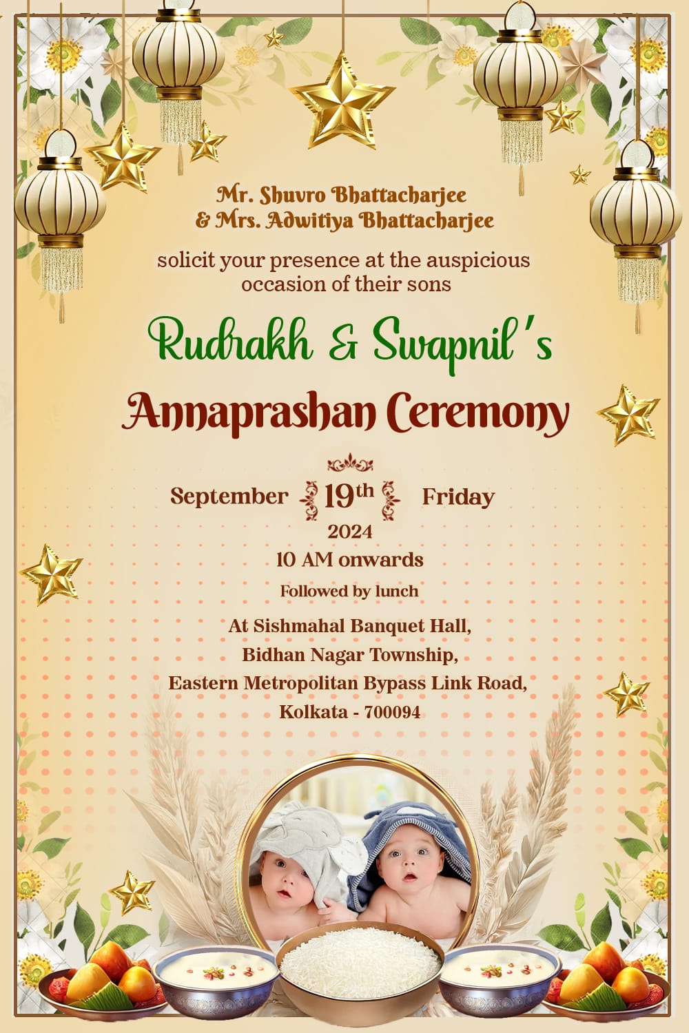 Golden Accents Theme Twins Annaprashan Ceremony Invitation Card with Lanterns Decor and Add Baby Photo Background