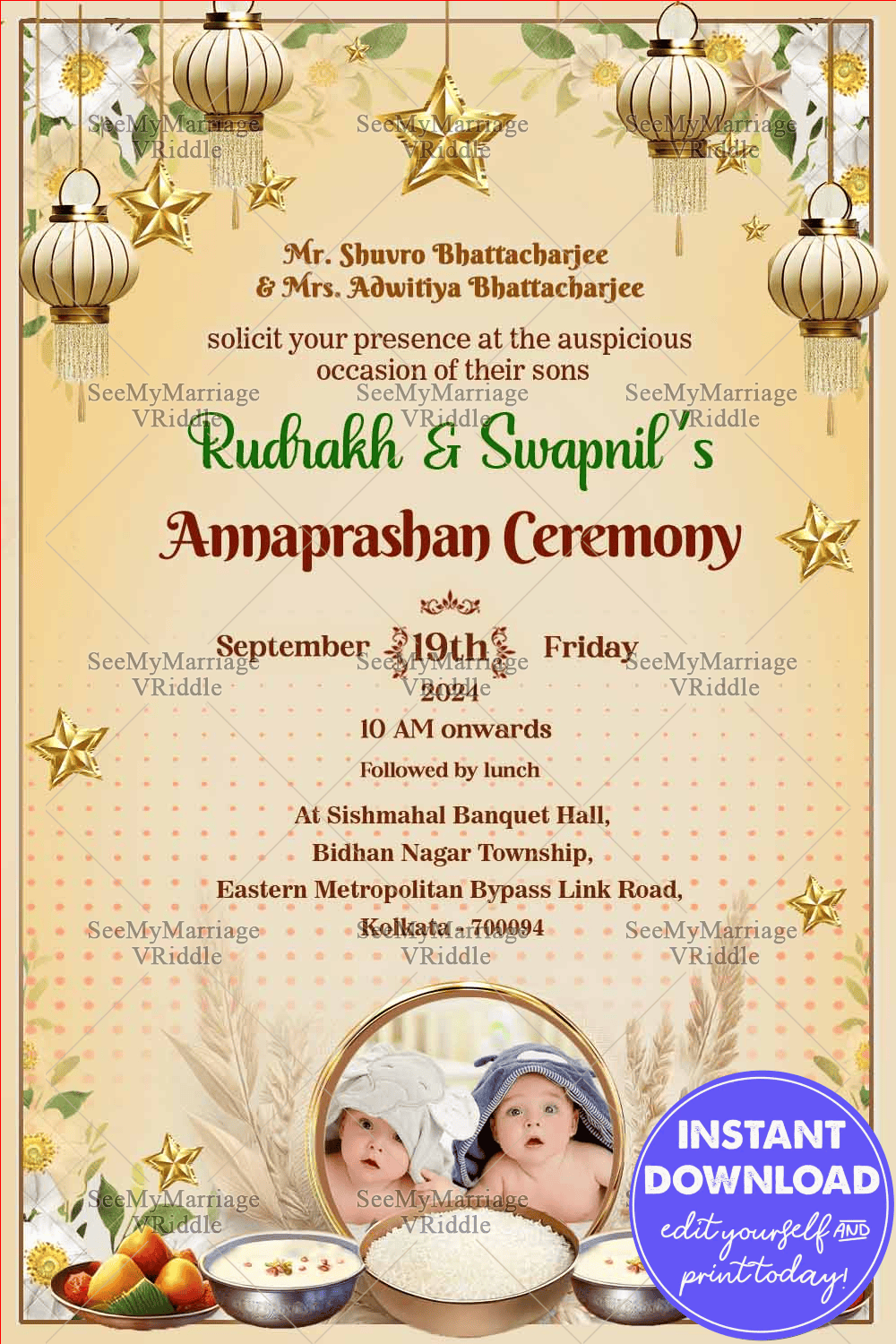 Golden Accents Theme Twins Annaprashan Ceremony Invitation Card with Lanterns Decor and Add Baby Photo Background