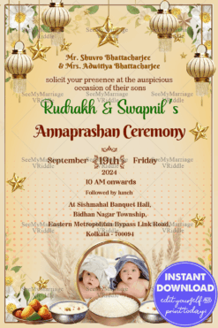 Golden Accents Theme Twins Annaprashan Ceremony Invitation Card with Lanterns Decor and Add Baby Photo Background