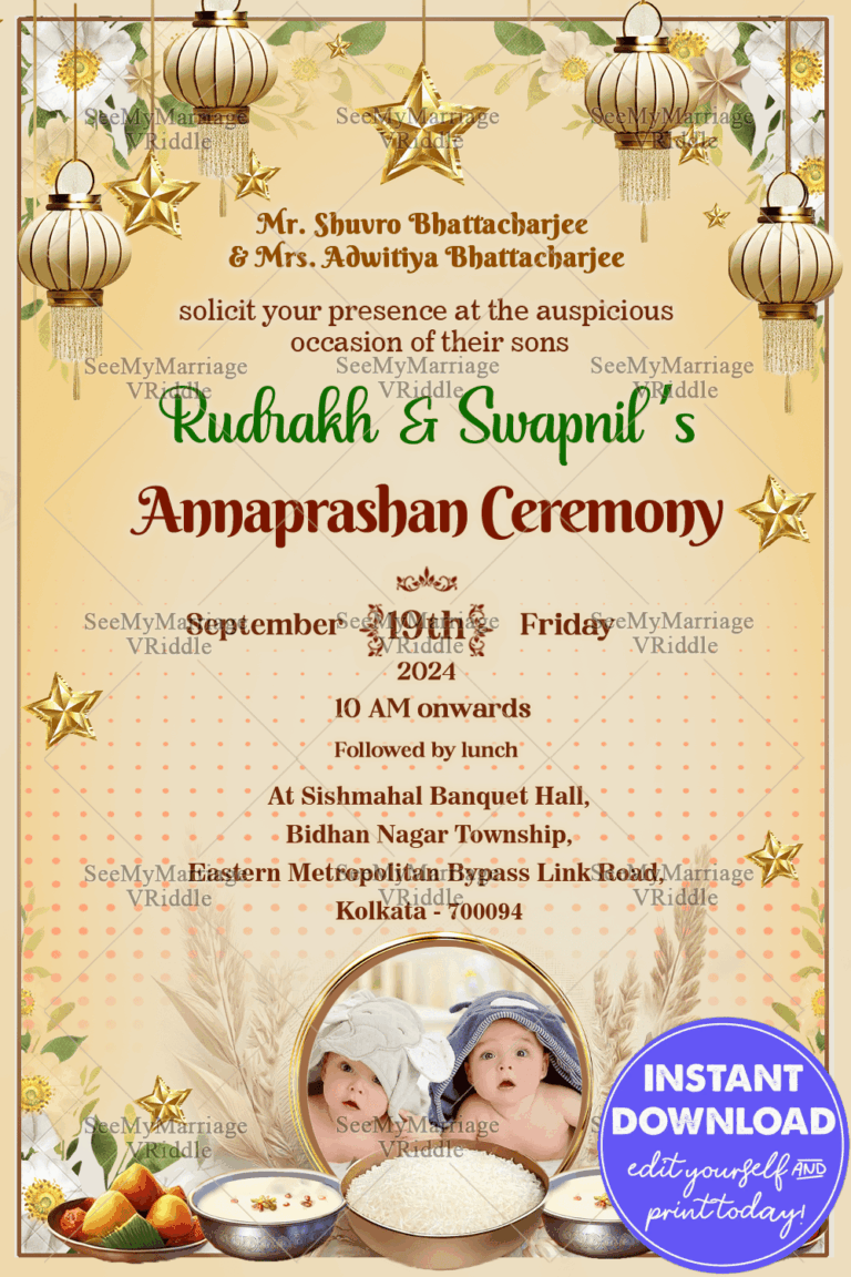 Golden Accents Theme Twins Annaprashan Ceremony Invitation Card with Lanterns Decor and Add Baby Photo Background