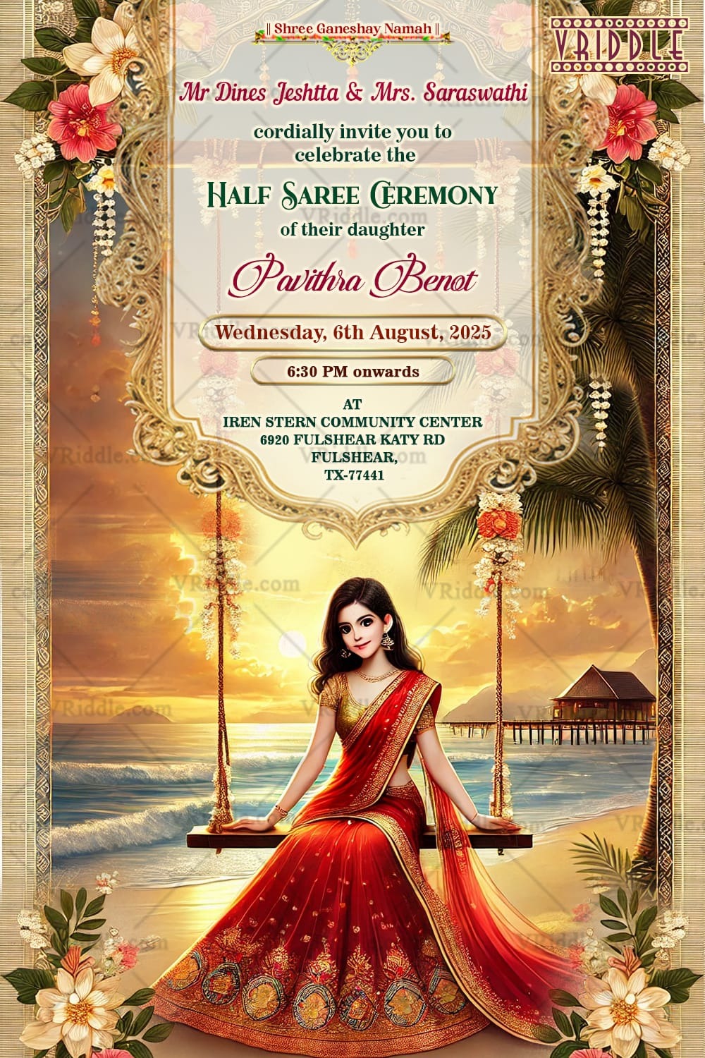 Golden Framed Half Saree Ceremony Invitation with Sunset Beach Scene Theme Background