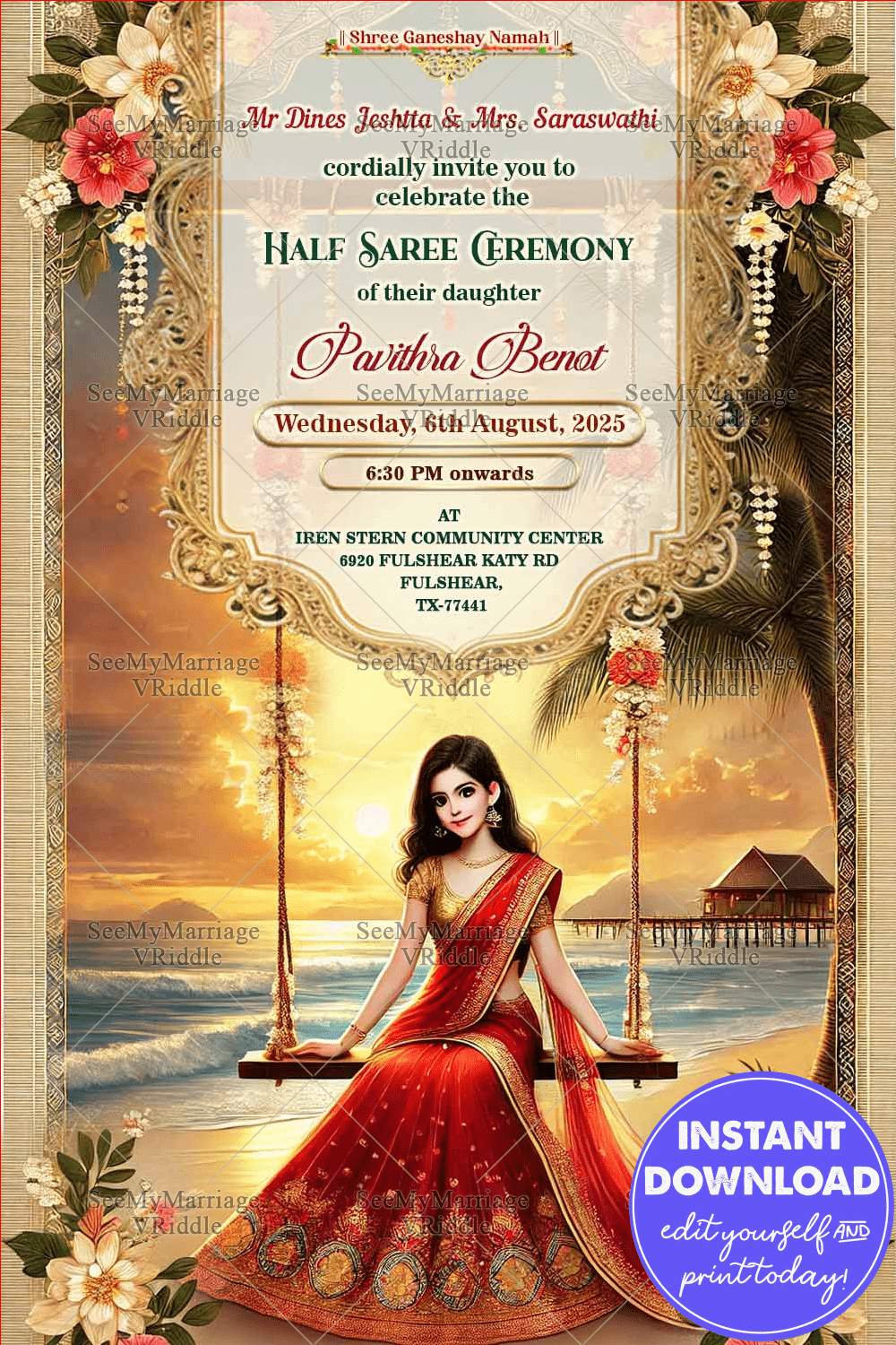 Golden Framed Half Saree Ceremony Invitation with Sunset Beach Scene Theme Background