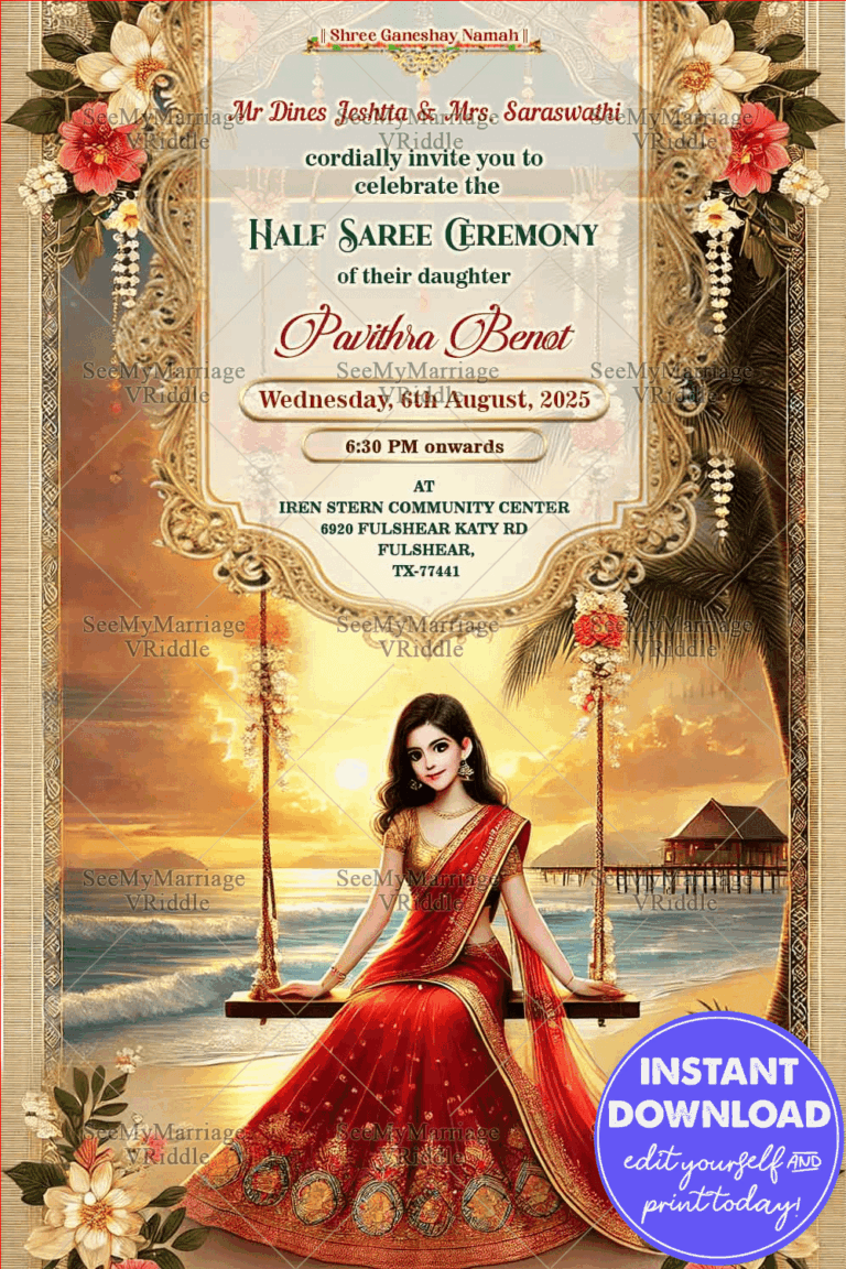 Golden Framed Half Saree Ceremony Invitation with Sunset Beach Scene Theme Background