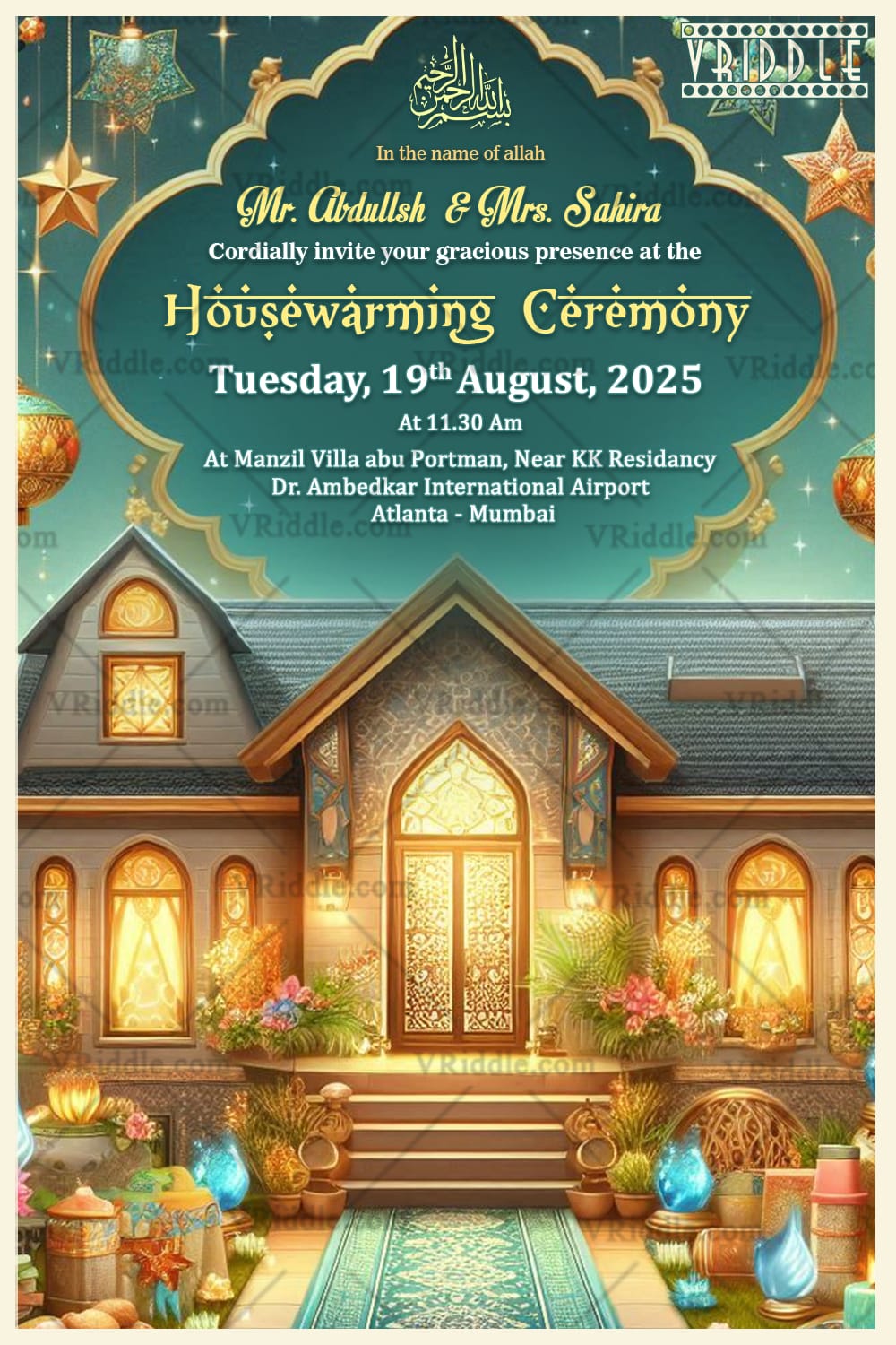 Golden Home Themed Muslim Housewarming Invitation Card with Lanterns Decor Background