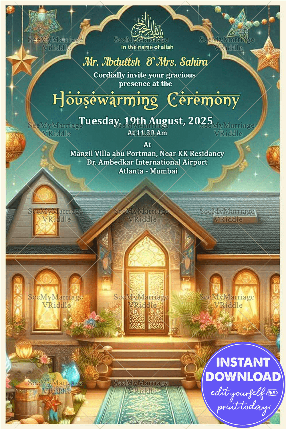 Golden Home Themed Muslim Housewarming Invitation Card with Lanterns Decor Background