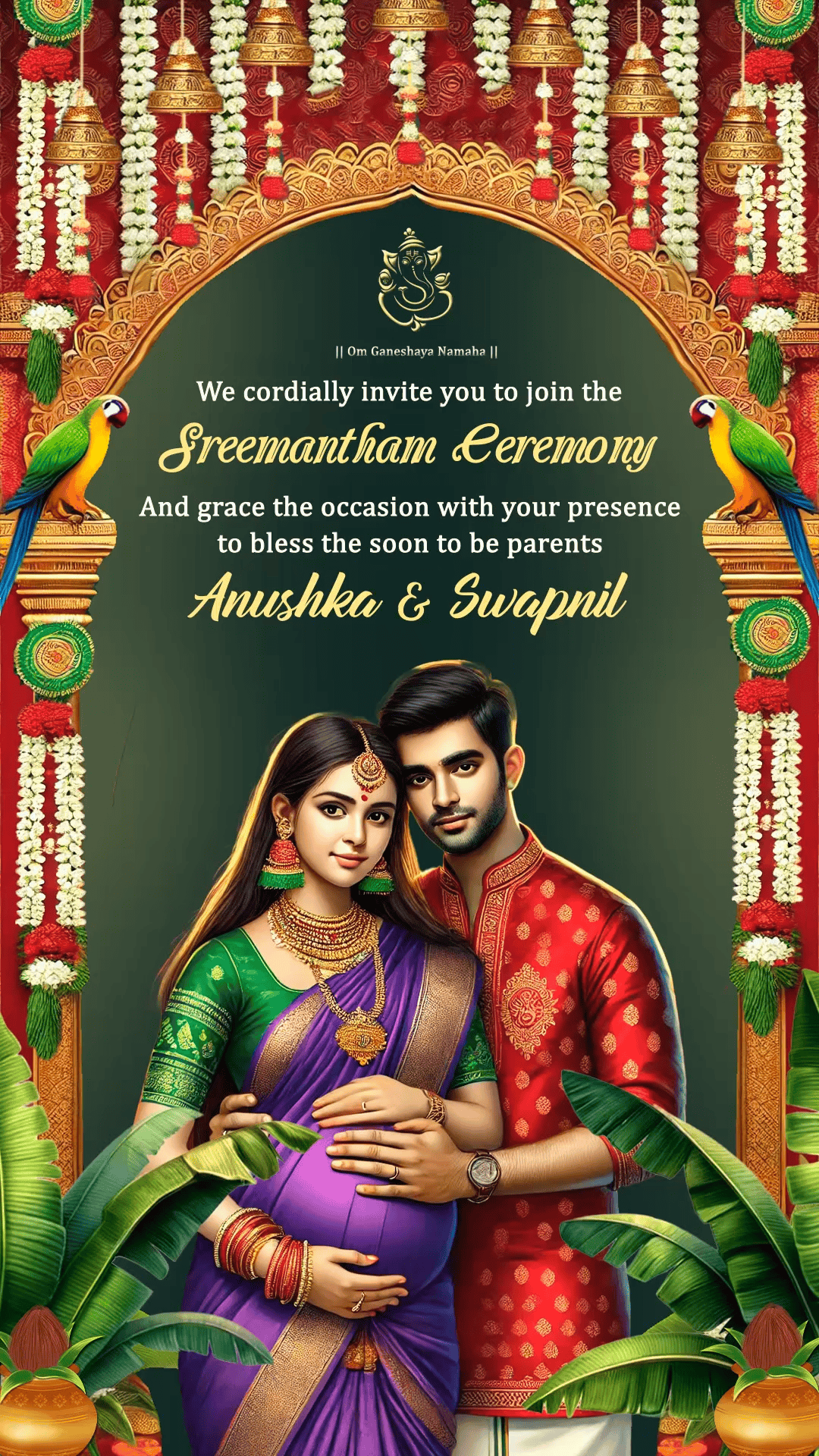Graceful Seemantham Ceremony Invitation Video with Traditional South Indian Couple Illustration