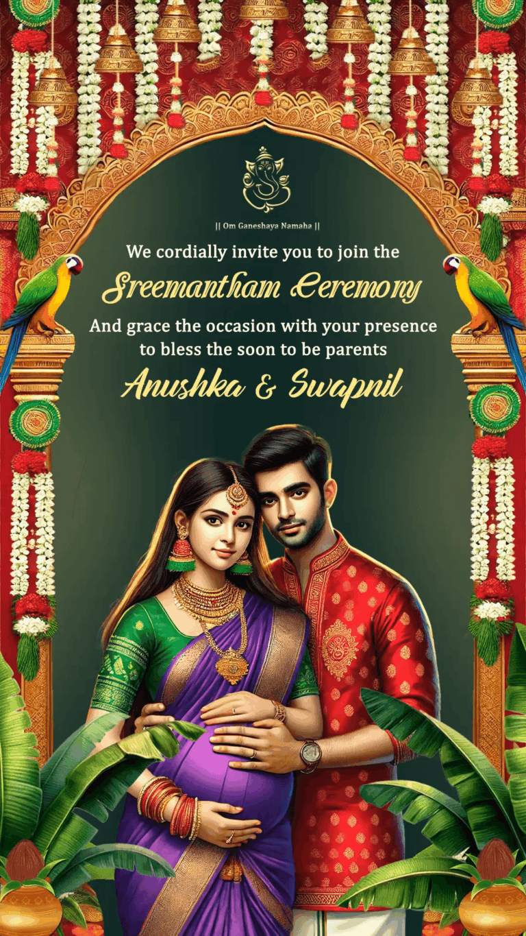 Violet and Green Theme Seemantham Ceremony Invitation Video with Traditional Couple Illustration